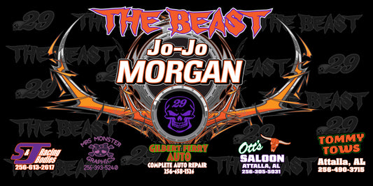 Jo-Jo Morgan 2020 Tail Banner - Red Bomb Graphics - Custom Dirt Racing Shirts